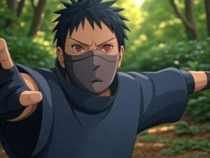 Colored artwork of Obito Uchiha with Sharingan eyes and outstretched arm, created using Naruto art guide
