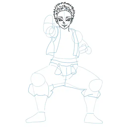 Learn how to draw Akaza in standing pose with Step-by-step tutorial - adding face details and hair structure - step 13-4
