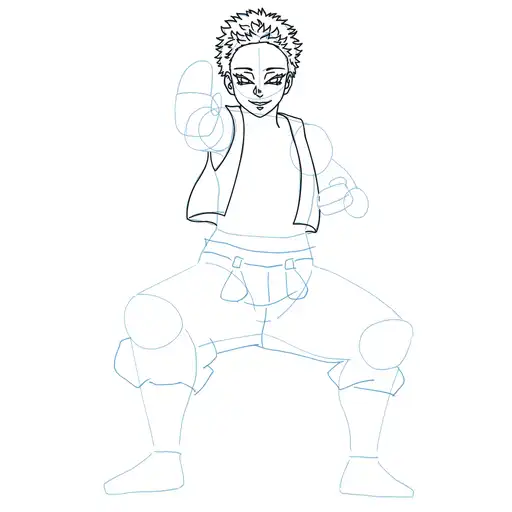 Learn how to draw Akaza in standing pose with Step-by-step tutorial - adding face details and hair structure - step 14-4