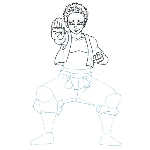 Learn how to draw Akaza in standing pose with Step-by-step tutorial - shaping the body and clothing - step 15-4