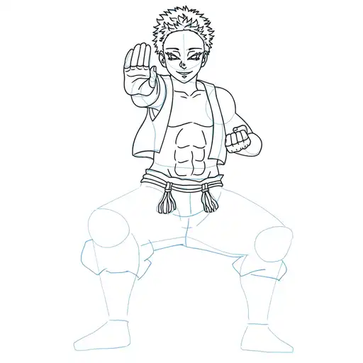 Learn how to draw Akaza in standing pose with Step-by-step tutorial - shaping the body and clothing - step 16-4