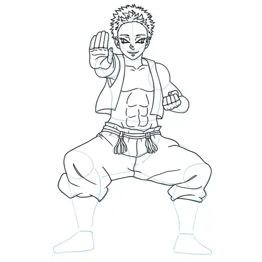 Learn how to draw Akaza in standing pose with Step-by-step tutorial - shaping the body and clothing - step 17-4