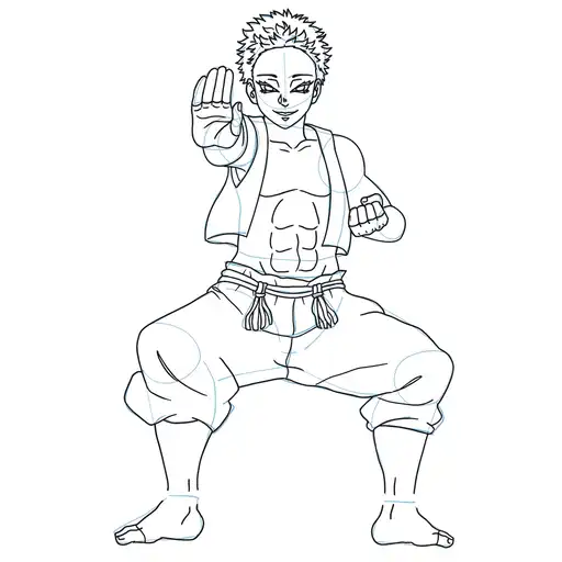Learn how to draw Akaza in standing pose with Step-by-step tutorial - shaping the body and clothing - step 18-2