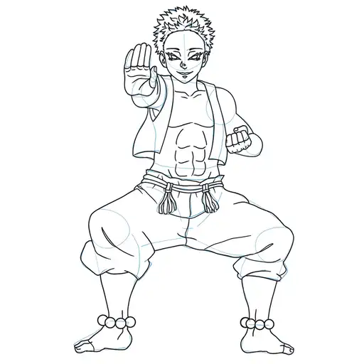 Learn how to draw Akaza in standing pose with Step-by-step tutorial - shaping the body and clothing - step 19-2